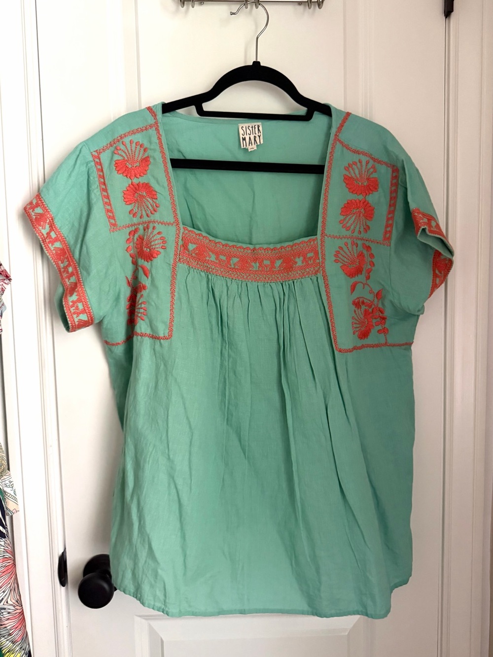SISTER MARY Green Orange Embroidered Short Sleeve Boho Square neck Top Size XL